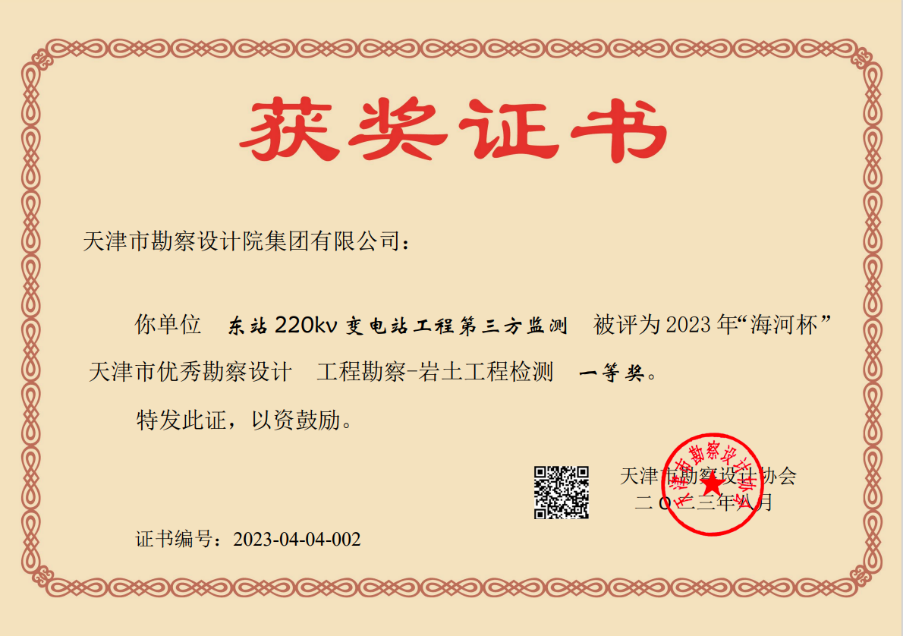 尊龙时凯集团加入东站220kv变电站工程第三方监测项目荣获天津市“海河杯”一等奖