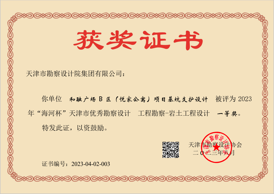 尊龙时凯集团加入和融广场B区（悦家公寓）项目基坑支护设计项目荣获天津市“海河杯”一等奖